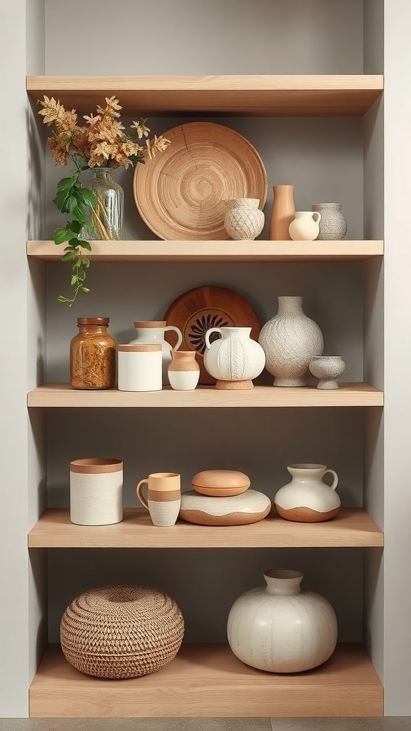 Shelves displaying various handcrafted artisan pottery and decor items.