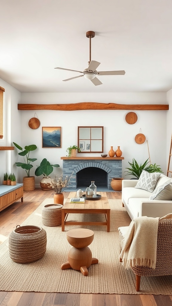 Cozy living room featuring handcrafted decor with natural materials and earthy tones.