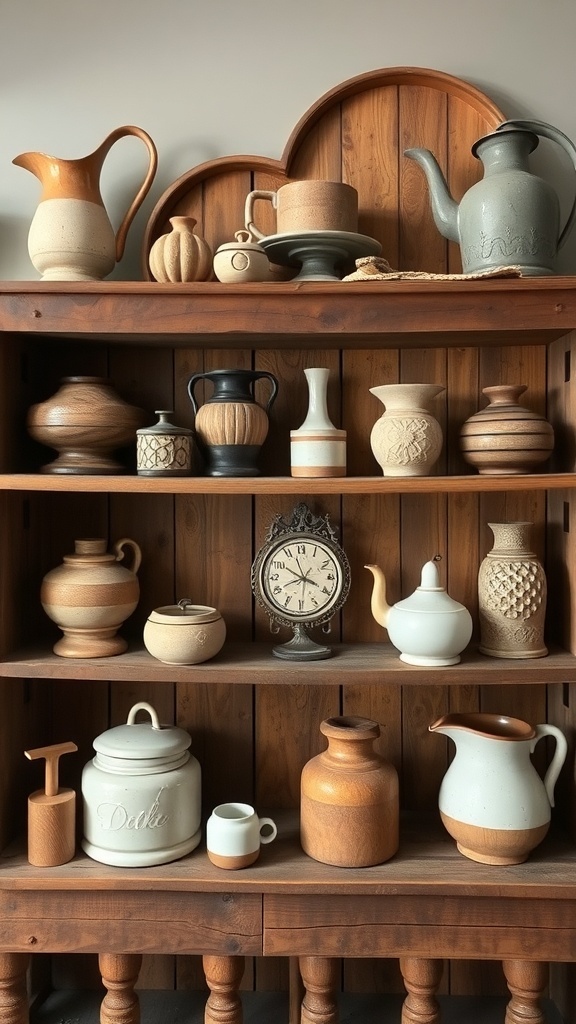 A wooden shelf displaying various handcrafted pottery and wooden decor pieces.