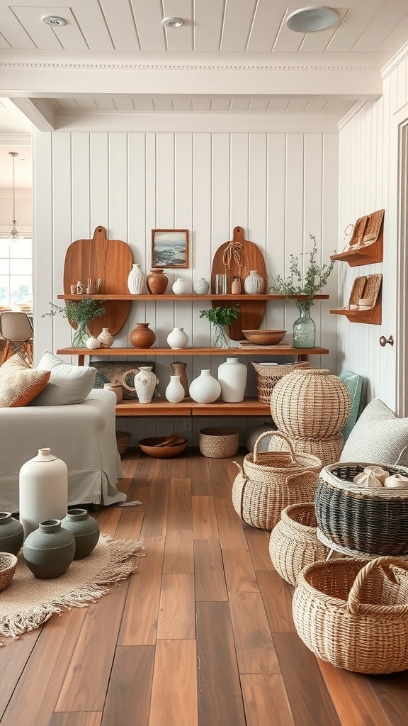 A cozy farmhouse interior featuring handcrafted decor, including pottery and woven baskets on wooden shelves.