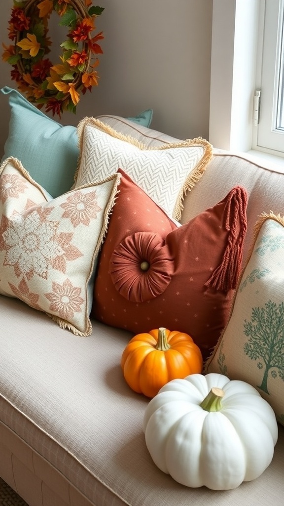 A cozy sofa adorned with various decorative pillows and pumpkins, showcasing a warm and inviting atmosphere.