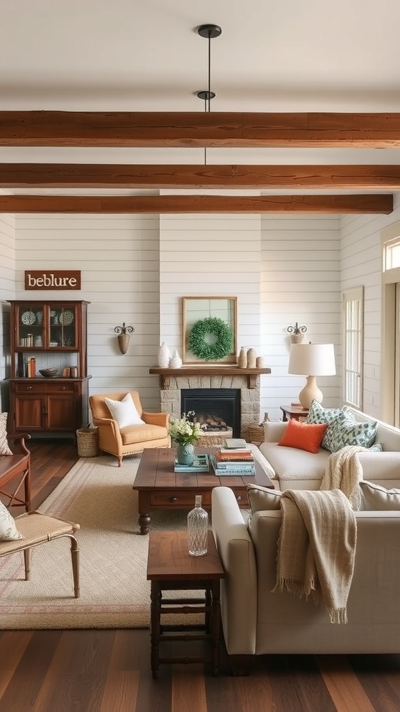 Cozy farmhouse living room with handcrafted furniture and warm decor.