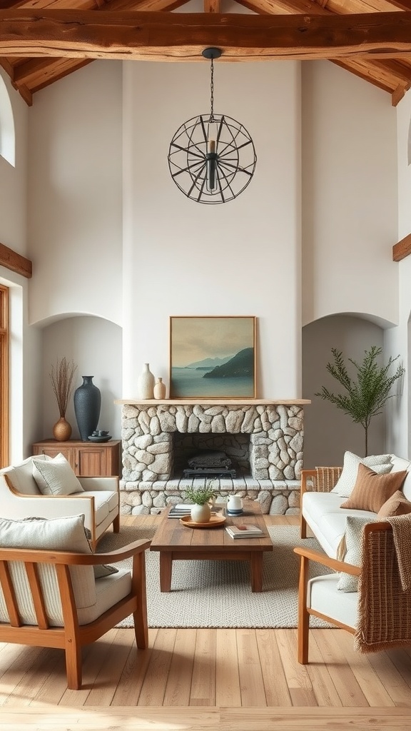 A rustic living room featuring handcrafted wooden furniture, a stone fireplace, and cozy decor.