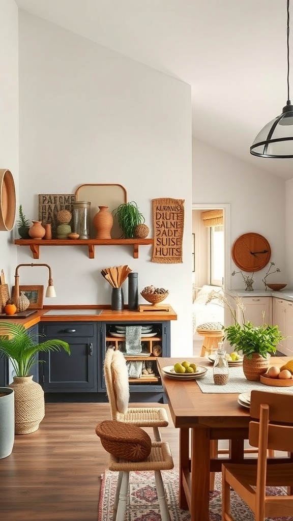 A cozy kitchen featuring handcrafted pottery on a wooden shelf, showcasing earthy tones and natural materials.