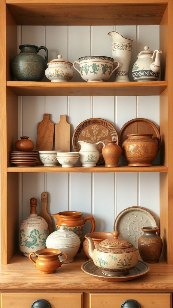 A collection of handcrafted pottery and ceramics displayed on wooden shelves, featuring various shapes and designs.
