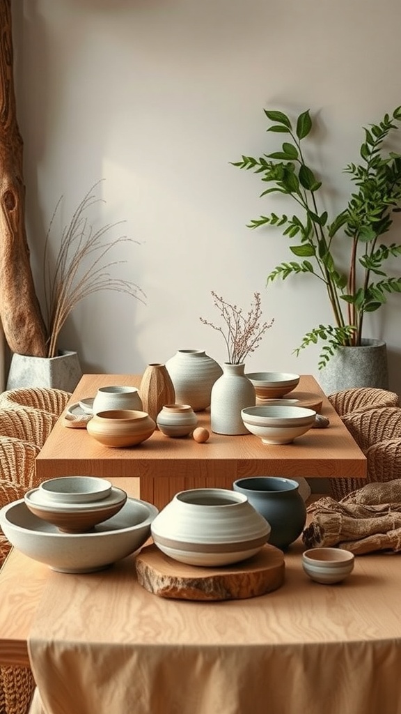 A display of handcrafted pottery on a wooden table surrounded by greenery.