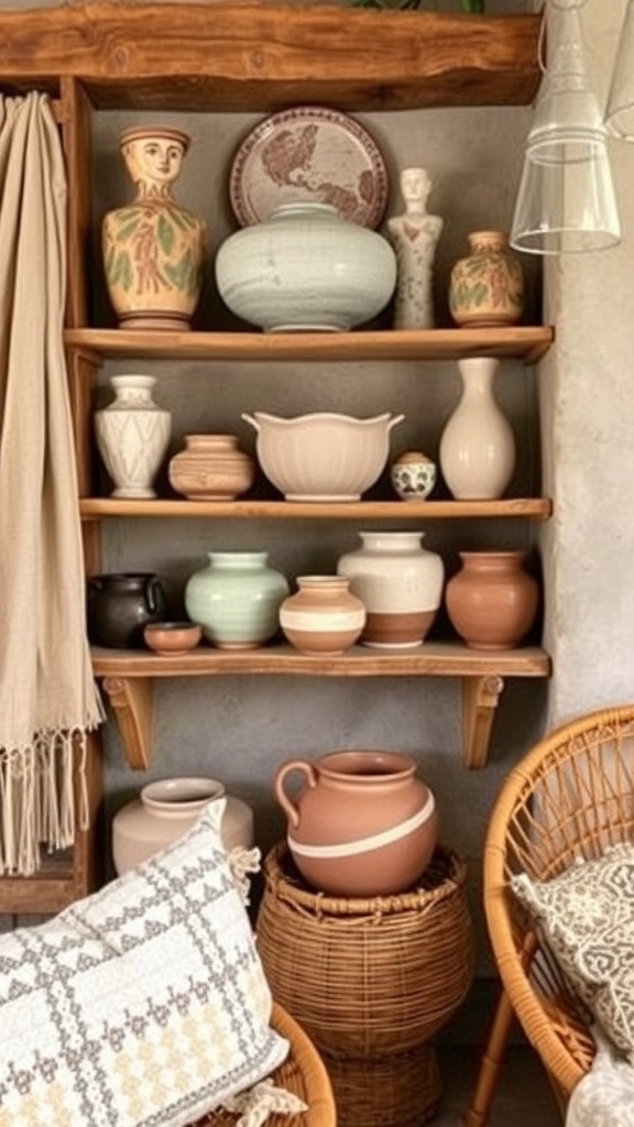 A display of handcrafted pottery on wooden shelves, featuring various shapes and colors, complemented by a wicker chair.