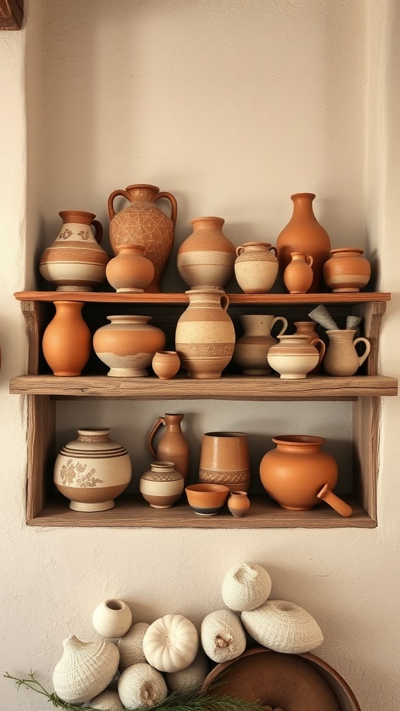 A collection of handcrafted pottery displayed on wooden shelves, featuring various shapes and sizes in earthy tones.