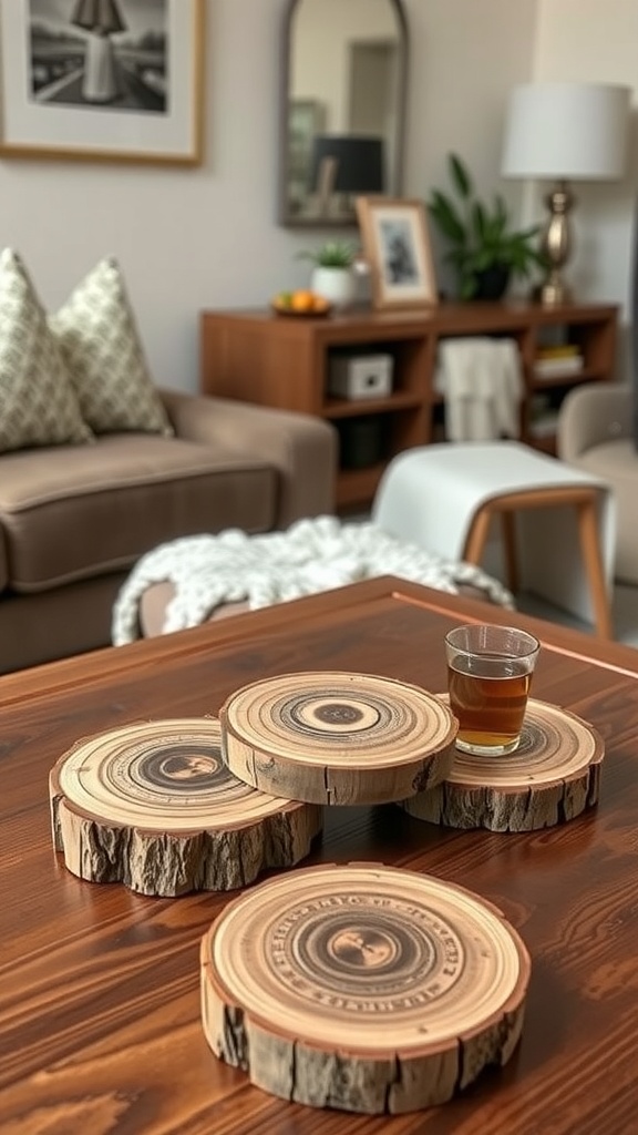 A set of handcrafted wooden coasters on a wooden table with a glass of drink.