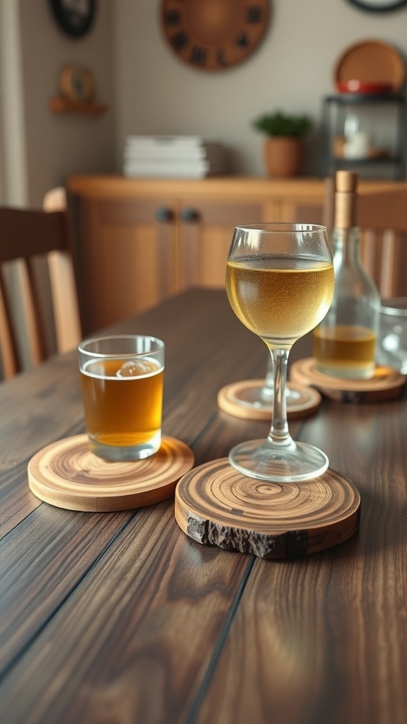 A wooden table with handcrafted wooden coasters, featuring a glass of wine and a tumbler with a drink.