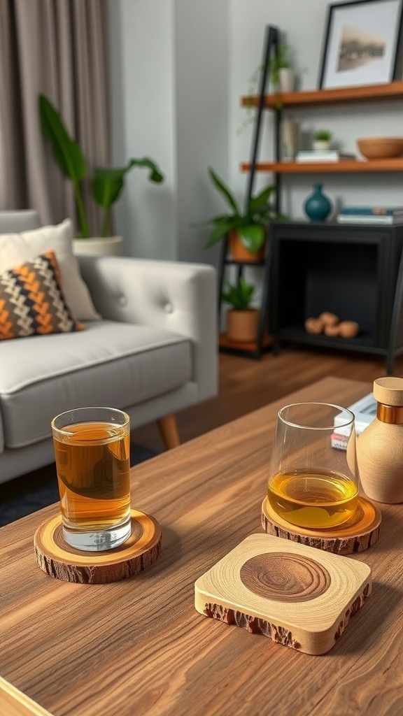 A cozy living room setting with two glasses on handcrafted wooden coasters, showcasing a stylish and warm decor.