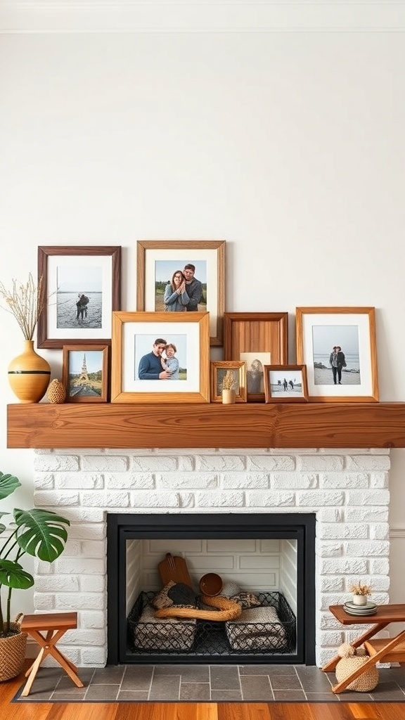 A collection of handcrafted wooden picture frames displayed on a mantel above a fireplace, featuring various sizes and wood tones.