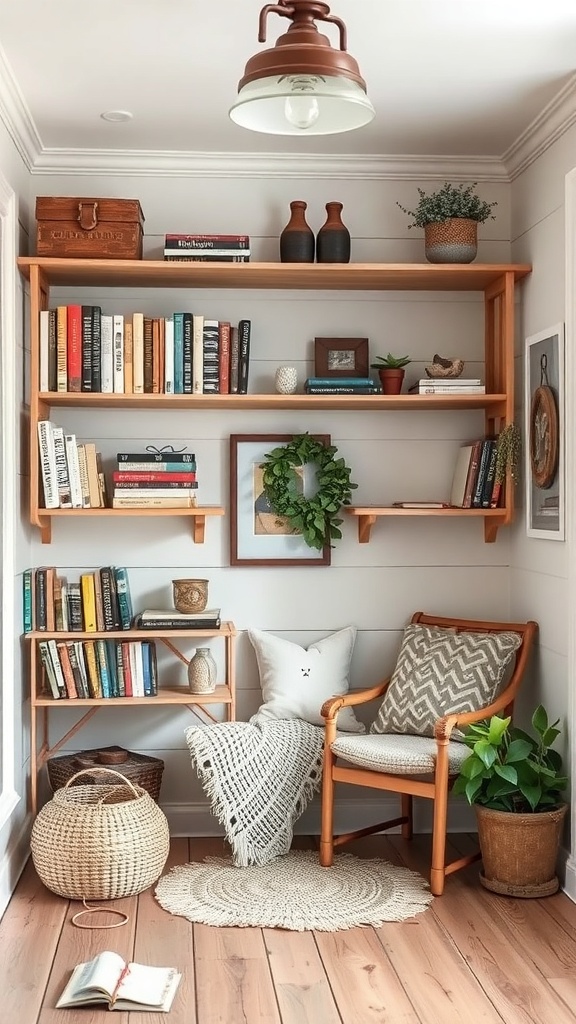A cozy corner featuring handcrafted wooden shelves filled with books and decorative items, alongside a comfortable chair and woven accessories.