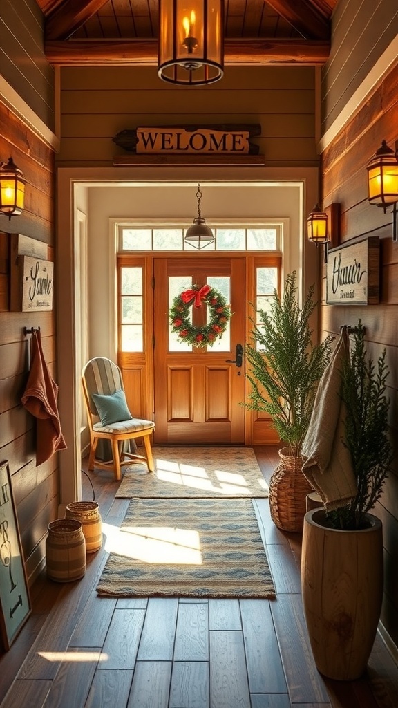 A cozy hallway featuring handcrafted wooden signs with phrases, a wreath on the door, and decorative plants.