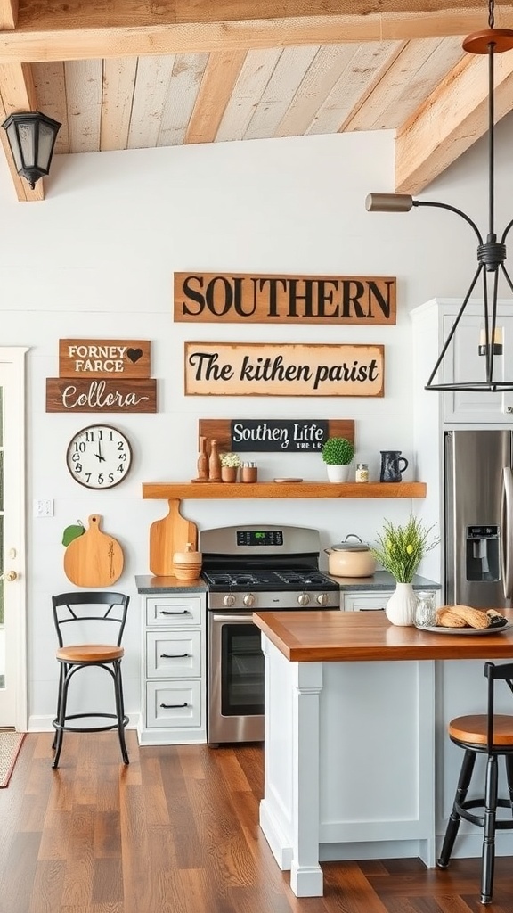 A cozy kitchen featuring handcrafted wooden signs with Southern themes and phrases.