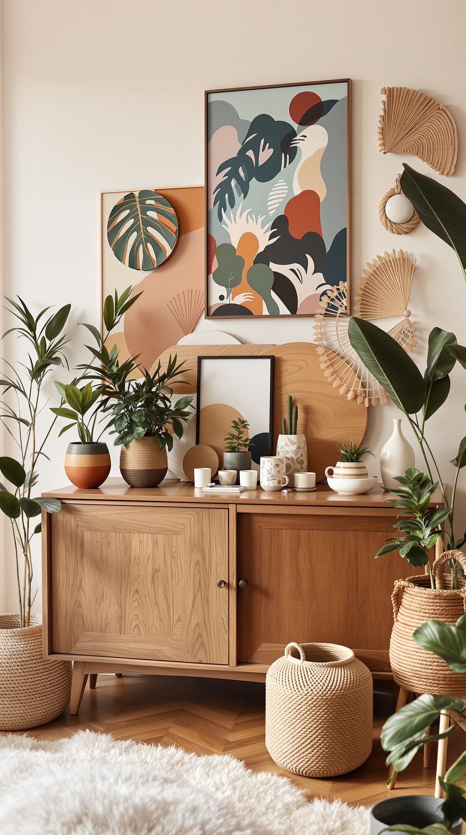 Ein stilvoller Raum mit einem hellen Sofa, einem Glastisch, Pflanzen und Kunstwerken an der Wand.