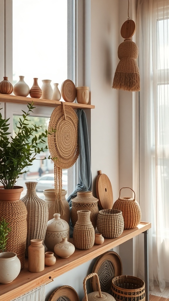 Eine Sammlung handgefertigter Deko-Elemente in einem rustikalen Cottage-Stil, einschließlich Vasen, Körben und Wanddekorationen.