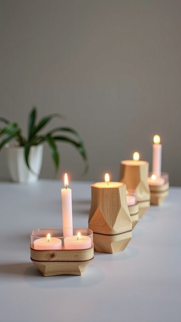 A collection of handmade wooden candle holders with lit candles.