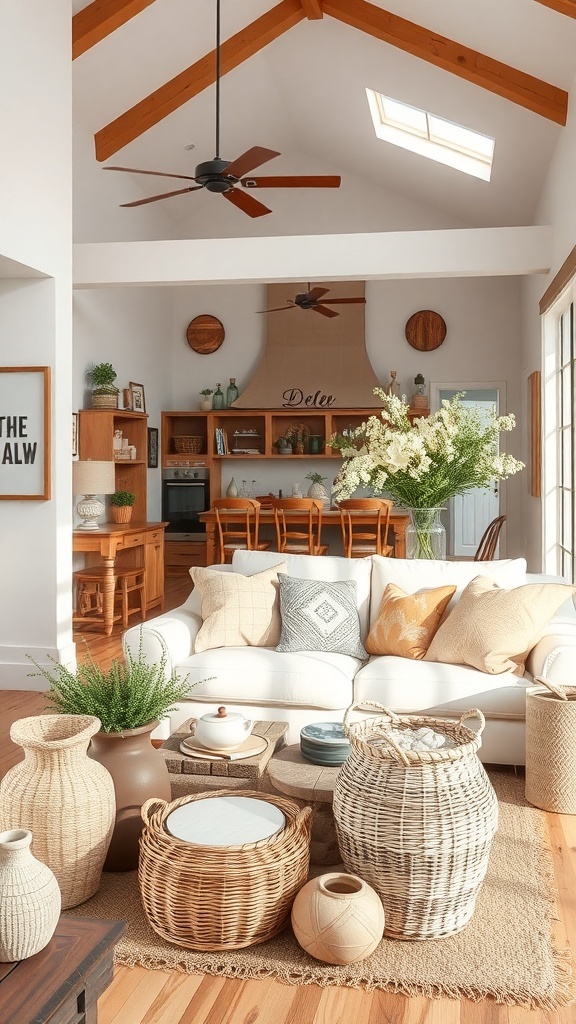 A rustic farmhouse living room featuring a cozy couch, handmade decor, and natural elements.