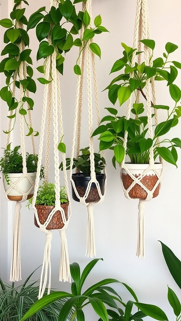 Handmade macramé plant hangers with various plants