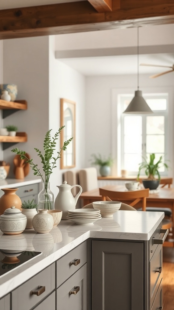A cozy kitchen featuring handmade pottery and ceramics on the countertop, showcasing a blend of modern farmhouse and vintage decor.