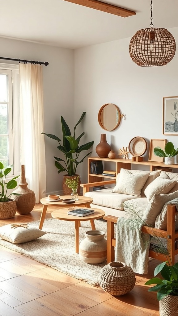 A cozy living room featuring handmade pottery decor, plants, and natural materials.