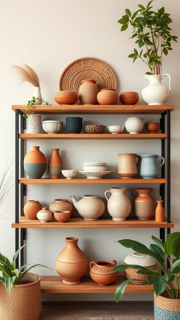 A stylish display of handmade pottery on wooden shelves, featuring various pots, vases, and plants.