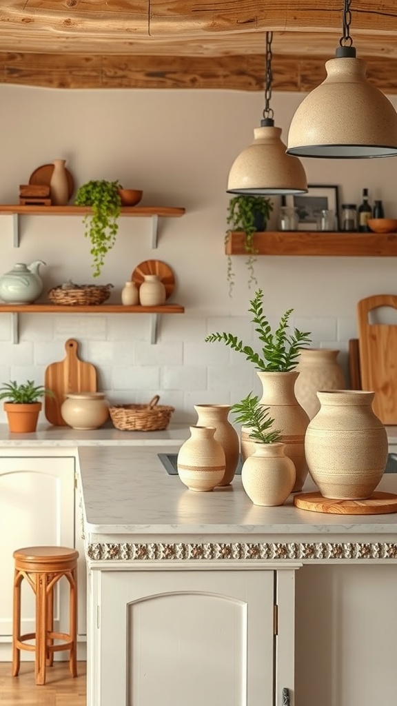 A rustic kitchen featuring handmade pottery on a countertop, with wooden shelves and plants.