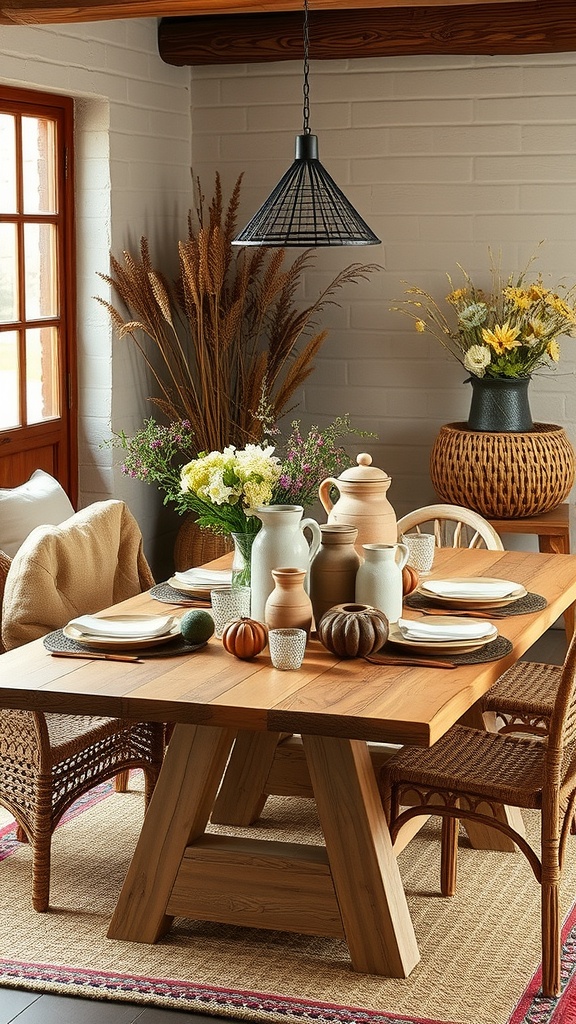 A cozy dining area featuring handmade pottery on a wooden table.