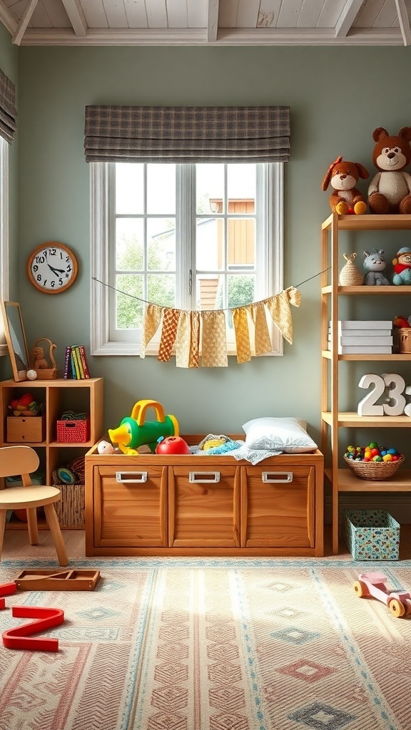 A cozy children's room featuring a wooden toy storage chest, colorful toys, and a warm atmosphere.