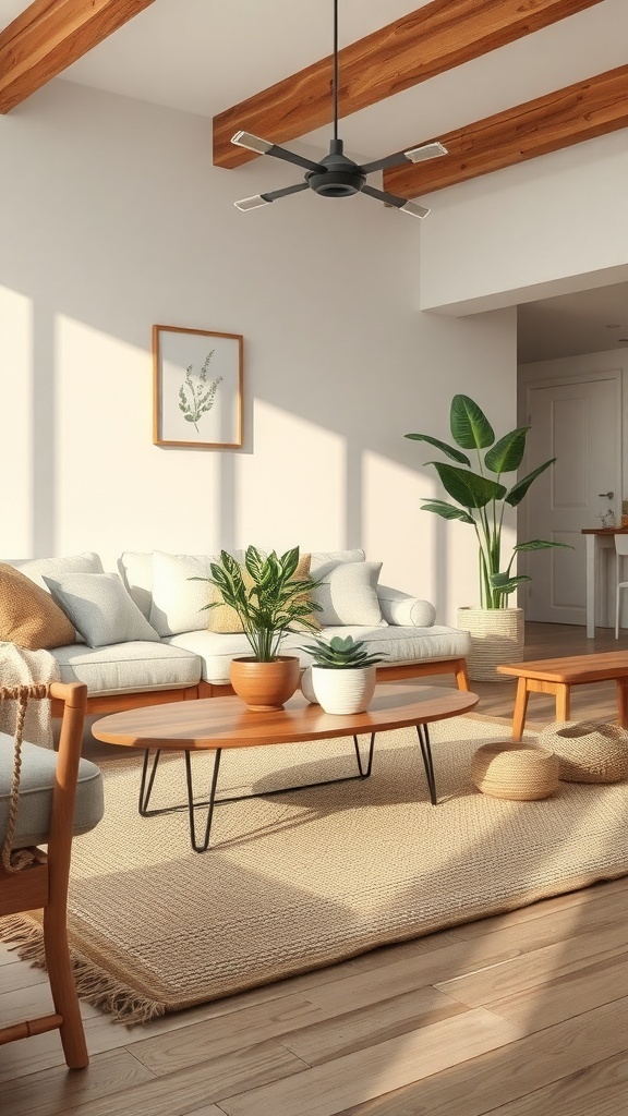 A cozy living room featuring a handwoven jute rug, light wooden furniture, and plants.