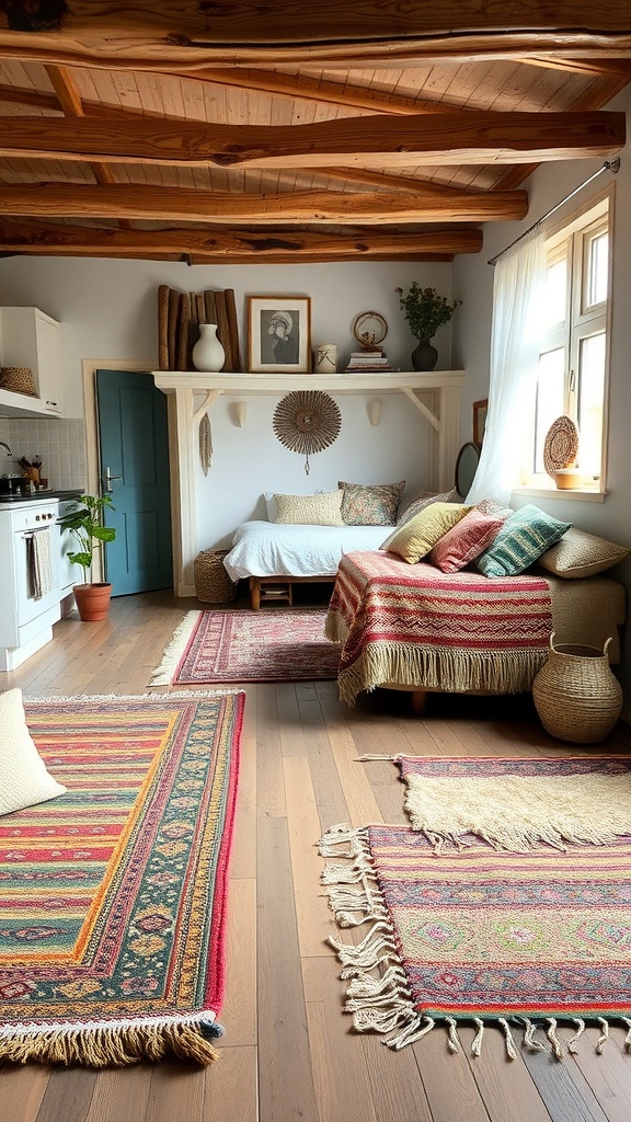 A cozy room featuring handwoven rugs and textiles, showcasing rustic charm.