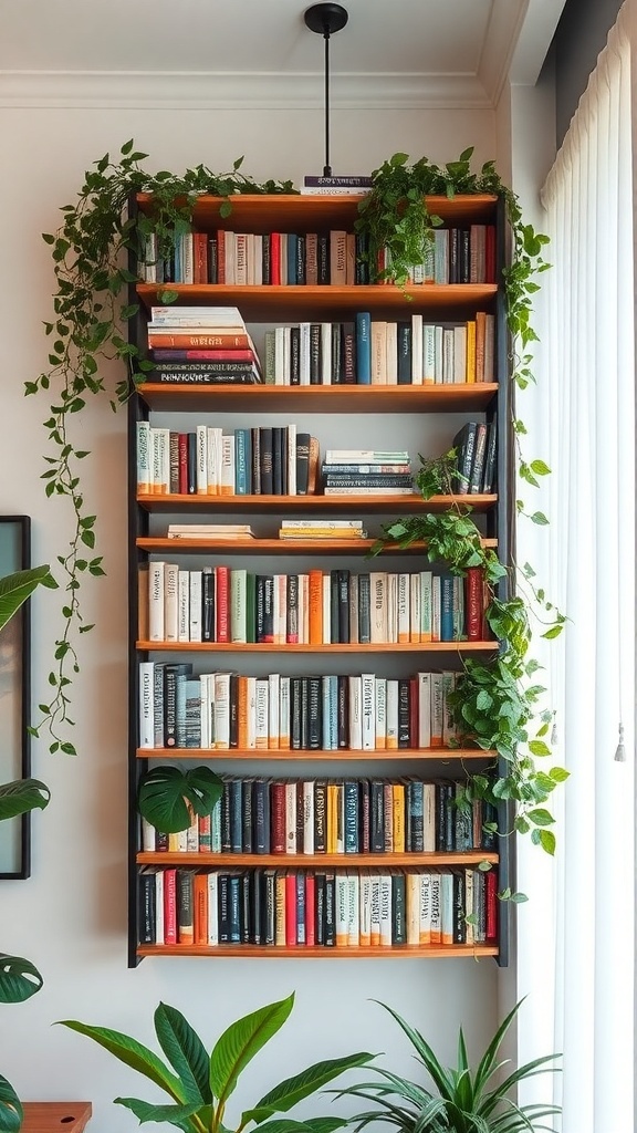 A hanging bookshelf filled with books and surrounded by green plants.
