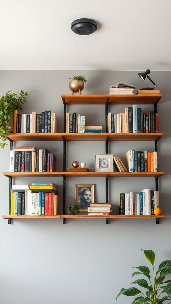 A modern hanging bookshelf with wooden shelves and black metal brackets, displaying books and decorative items.