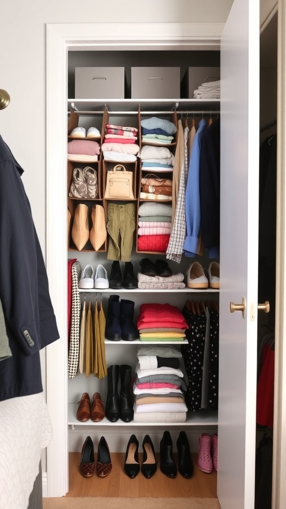 A well-organized closet with hanging organizers, showcasing various clothing items and neatly arranged shoes.