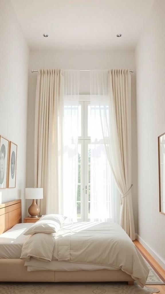 A cozy small bedroom with high-hanging curtains that create an illusion of height.