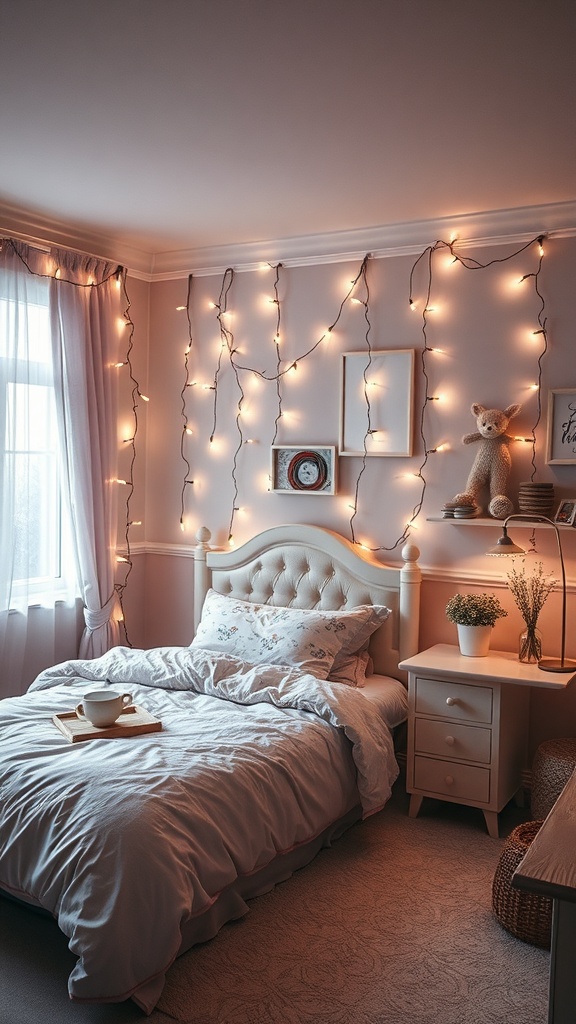 A cozy bedroom with hanging fairy lights on the walls, a bed with soft bedding, and a warm atmosphere.