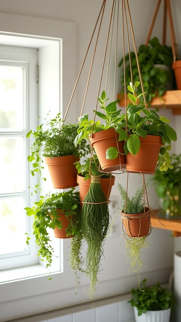 Hanging herb garden with terracotta pots in a kitchen setting.