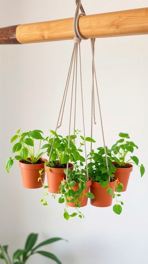 A hanging herb garden with five terracotta pots filled with green herbs, suspended from a wooden rod.