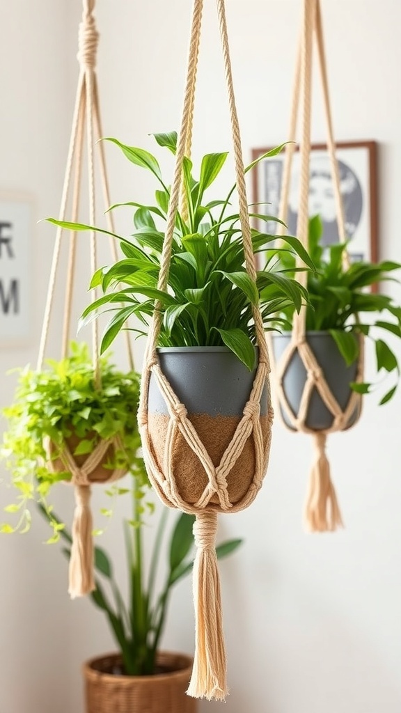 Hanging macrame planters with green plants