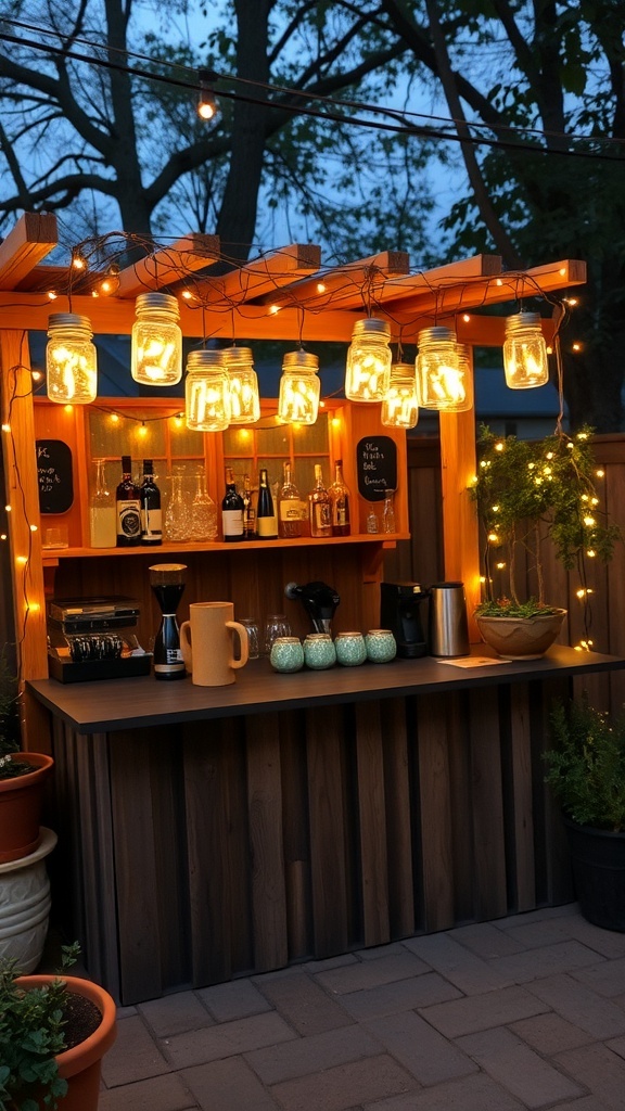 Hanging mason jar lights illuminating an outdoor coffee bar