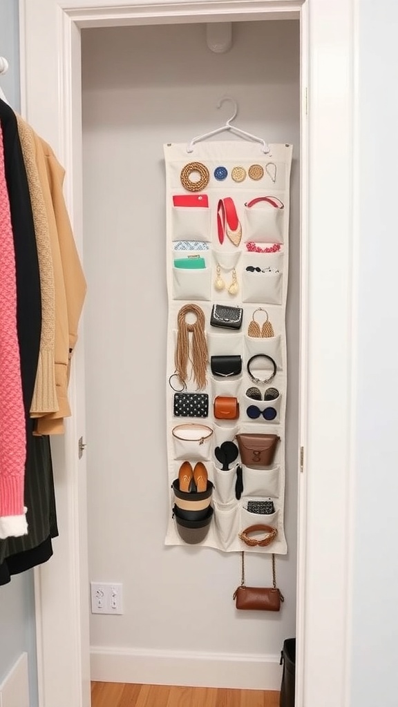 A hanging organizer filled with various accessories, shoes, and bags, neatly displayed in a small closet.