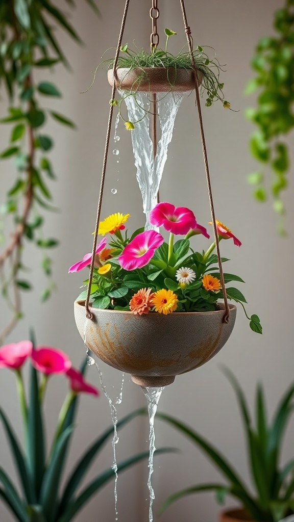 A hanging planter fountain with colorful flowers and cascading water.