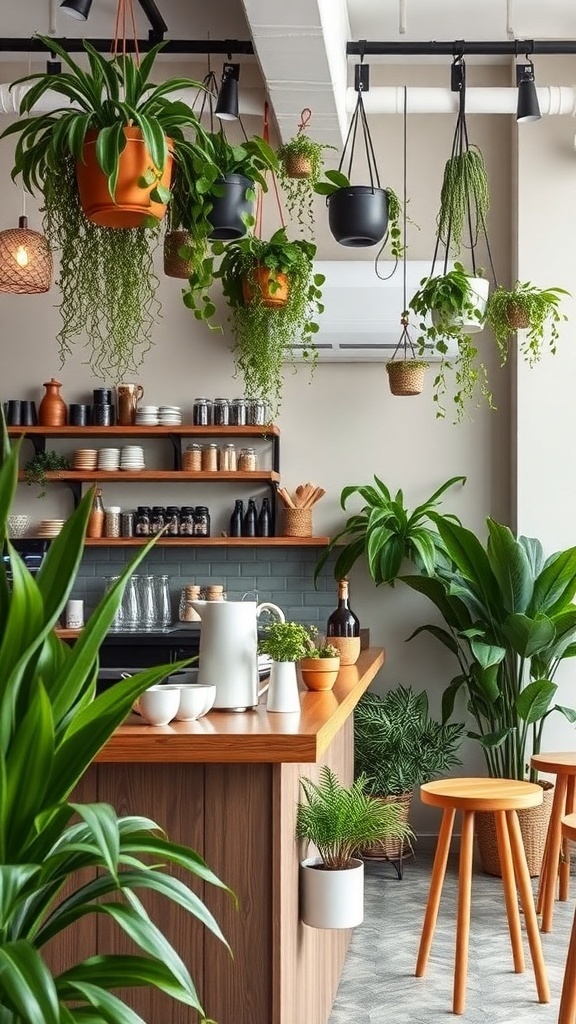 A cozy coffee bar with various hanging plants and a wooden counter.