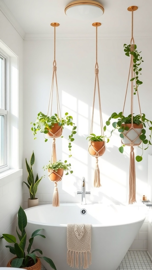 A bright bathroom featuring three hanging plants in terracotta pots, suspended from the ceiling with macramé hangers.