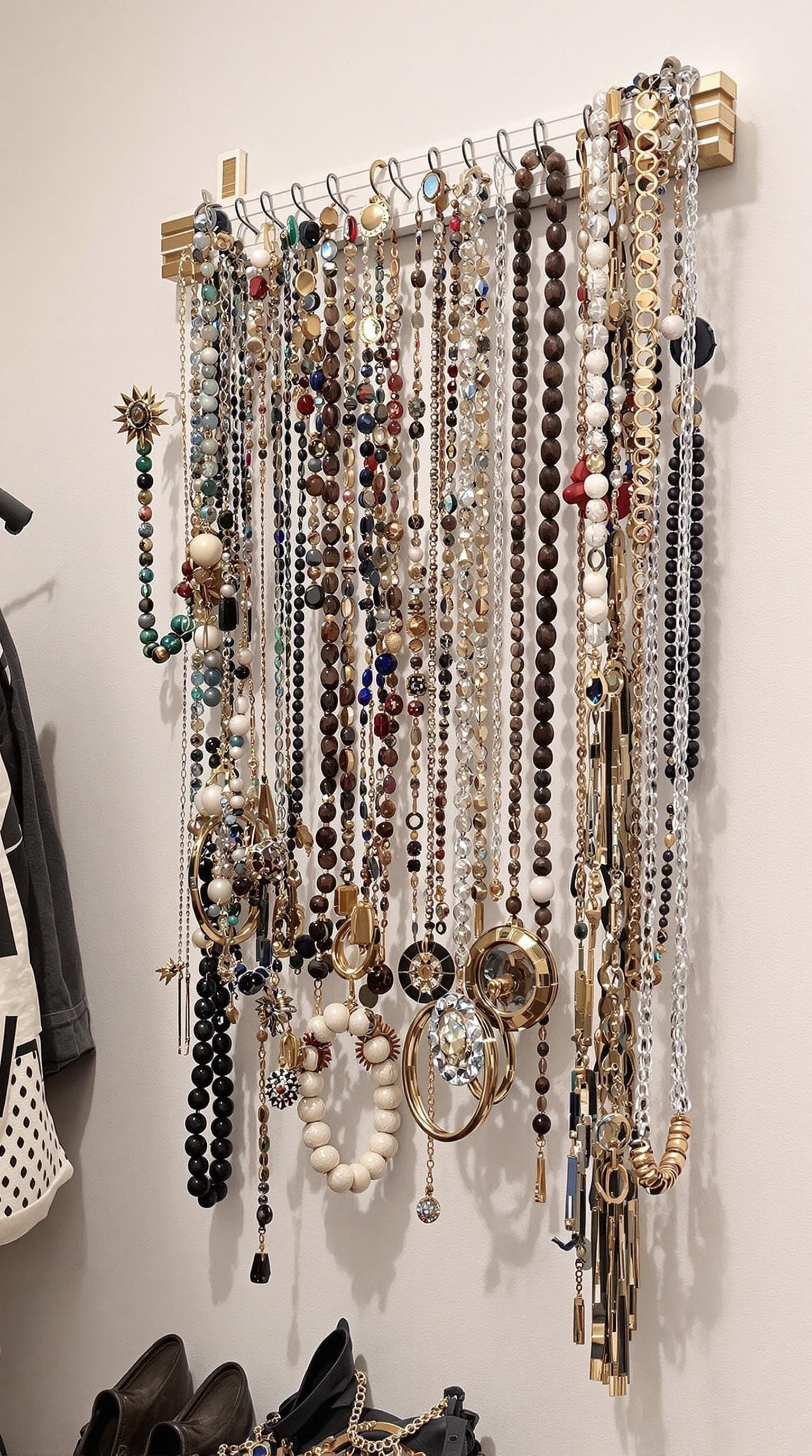 A neatly organized display of necklaces and scarves hanging on a wall-mounted rack in a walk-in closet.