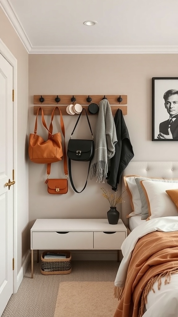 A stylish wall-mounted rack with bags and outerwear in a modern bedroom.