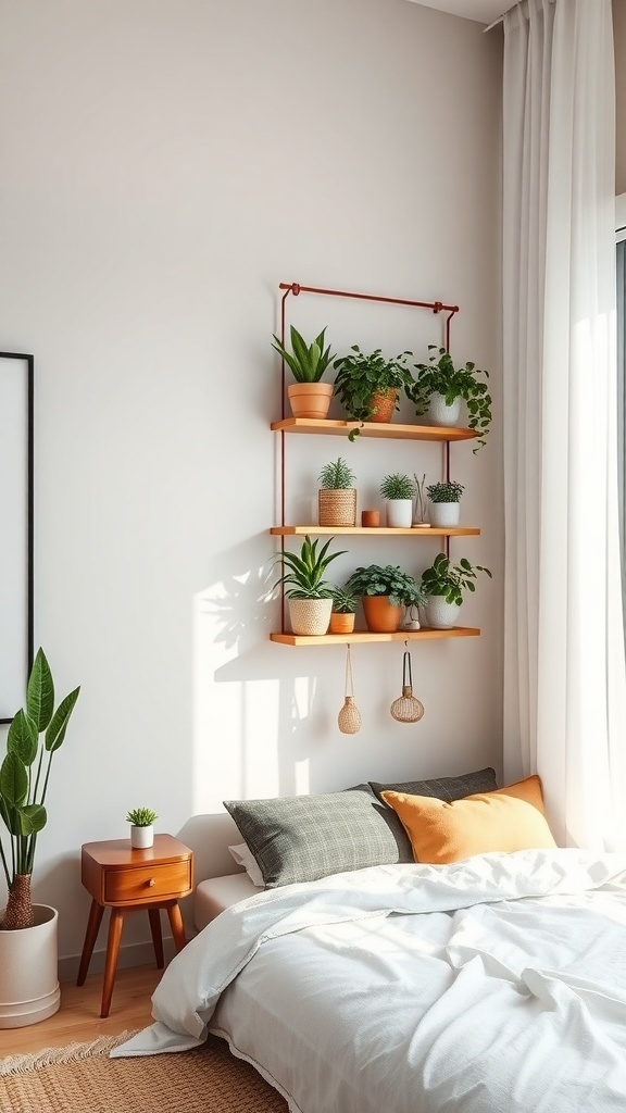 A cozy bedroom featuring wall-mounted shelves with various plants, a neatly made bed, and a small side table.
