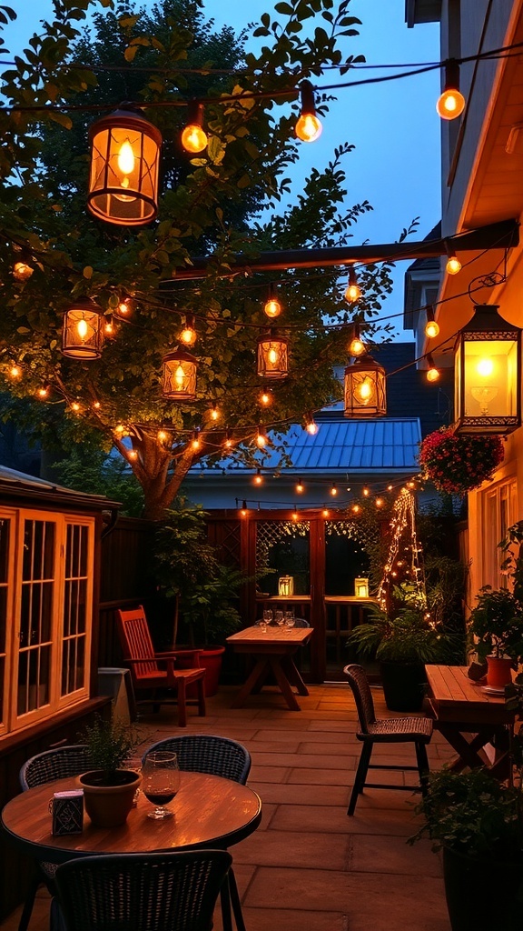 A cozy backyard patio with hanging string lights illuminating a seating area.