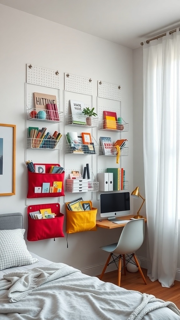A cozy bedroom featuring hanging wall organizers with colorful pockets and wire baskets for storage.